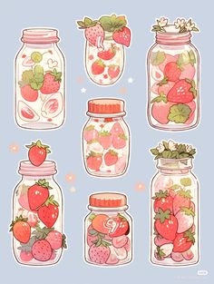 six mason jars filled with different types of strawberries and other fruit in each jar