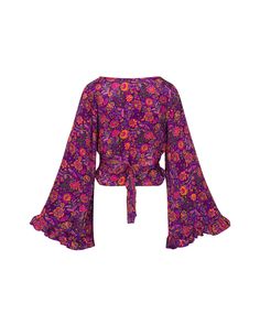 Feel like free spirited hippie queen every day in this versatile floral wrap top. Featuring a vibrant floral pattern, this beautiful top is perfect for all occasions. This top can be worn open, tied in the front, or wrapped and tied in the back making it as versatile as it is fabulous! The wide bell sleeves are reminiscent of 70s style, with a ruffled hem added for flair. The buttery soft and lightweight fabrication is guaranteed to make you feel as good as you look. Whether you wear this top to Multicolor Floral Print V-neck Peasant Top, Bohemian V-neck Peasant Top With Floral Print, Purple Tops For Fall Vacation, Purple Fall Tops For Vacation, Casual Purple Tops For Fall Vacation, Spring Flowy Tops With Vibrant Print, Bohemian Pink Top With Vibrant Print, Pink Bohemian Blouse With Vibrant Print, Flowy Spring Tops With Vibrant Print