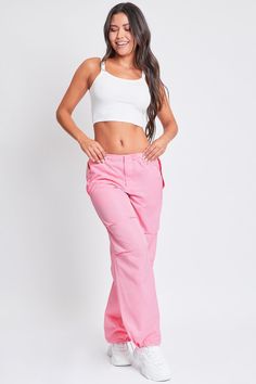 Getting dressed is a cinch with our Women’s Relaxed Fit Nylon Parachute Pants. These high-waisted nylon pants feature a relaxed, slouchy fit for a cool look and comfy feel. Features bungee ties at the waist and hem for optional cinching, a front zip fly with hidden button closure, and snap button flap pockets at the front and back. Detailed with subtle layered pleats on the front. Style this pant with a fitted top and sneakers for a sporty-chic vibe. Product Details- High Rise - Front Zip Fly- Flap Pockets with Snap Button Closure at Front and Back - Bungee Tie Waist - Front Pleats- Bungee Tie at Hem - Full LengthSize and Fit (based on size S)- Inseam: 31”- Rise: 10”- Leg Opening (relaxed): 22”Machine wash cold, gentle cycle with like colors. Hang dry. 100% Polyester (Colors: Mint, Light P Trendy Solid Straight Leg Parachute Pants, Trendy Loose Fit Spring Cargo Pants, Pink Wide Leg Parachute Pants For Streetwear, Trendy High-waisted Parachute Pants With Side Pockets, Spring Cargo Style Parachute Pants, Loosely Fitted Cargo Parachute Pants For Spring, Spring Utility High-waisted Parachute Pants, Spring High-waisted Utility Parachute Pants, Pink Wide Leg Utility Pants