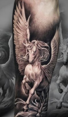 an arm with some white horses on it and one horse is flying in the air