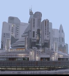 a futuristic city with skyscrapers and train tracks