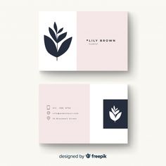 two business cards with black and white leaves on the front, one in pink and blue