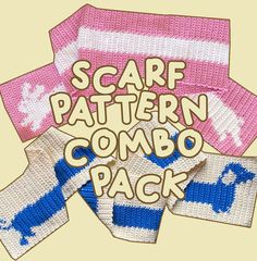 three knitted scarves with the words scarf pattern combo pack written in blue and pink