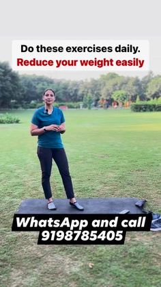 a woman standing on top of a yoga mat in the middle of a grassy field