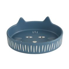 a blue cat shaped dish with white stripes