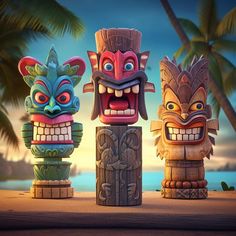 three tiki statues on the beach with palm trees in the background