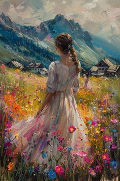 a painting of a girl in a field with mountains in the background and flowers all around her