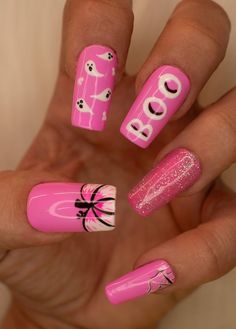 Girly Halloween Nails, Halloween Nails Cute, Lotus Nails, Nails Girly, Press On Nails Pink, Girly Halloween, Halloween Press On Nails