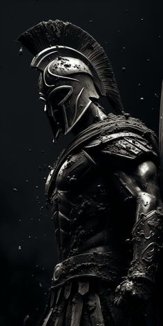 a black and white photo of a man in armor with a helmet on his head