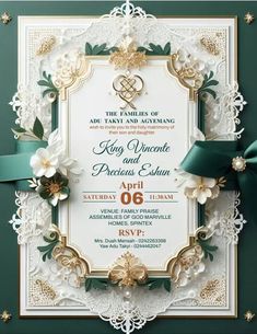 an ornate wedding card with green ribbon and white flowers on the front, is shown