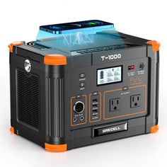 an orange and black portable power station sitting on top of a white surface