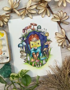 a watercolor painting of a boy reading a book surrounded by mushrooms and other plants