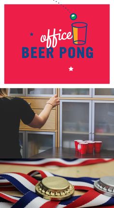 the office beer pong is on display in front of an american flag table cloth