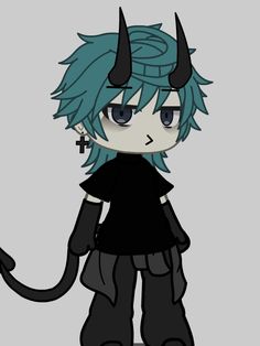 an anime character with blue hair and horns is standing in front of a gray background