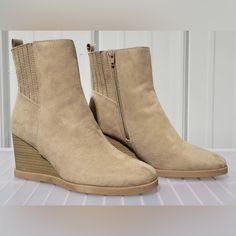 These Boots Feature Memory Foam Insoles To Help You Move Through Your Day In Cozy Comfort. Color: Taupe Medium Width Synthetic Wedge Heel Boots, Beige Cushioned Ankle-high Boots, Beige Ankle-high Boots With Cushioned Footbed, Casual Synthetic Booties With Reinforced Heel, Casual High Ankle Wedge Boots Medium Width, Synthetic Medium Width Booties With Round Toe, Casual High Ankle Synthetic Booties, Synthetic Medium Width Wedge Boots With Round Toe, Medium Width Synthetic Wedge Boots With Round Toe