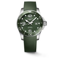 Longines HydroConquest 43mm Green Rubber Strap Men's Watch L37824069 Green Automatic Watches, Longines Spirit Titanium, Longines Legend Diver 36mm, Longines Hydroconquest 39mm, Longines Spirit 37 Mm, Longines Hydroconquest, Swiss Watch Brands, Longines Watch, Swiss Watch