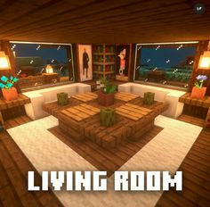 a living room with couches and tables in minecraft style, with the words living room above it