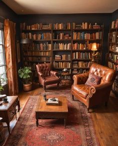 a living room filled with furniture and bookshelves covered in lots of bookcases