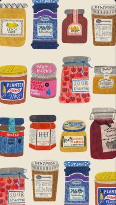 a painting of many different types of jams on a white background with blue and red tags