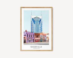 the nashville skyline is shown in this watercolor painting