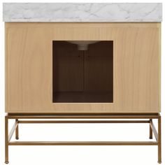 a wooden cabinet with marble top and metal legs