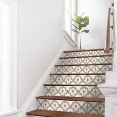 the stairs are decorated with decorative wallpaper