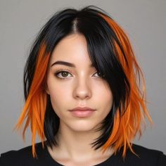 25 Stunning Half Black Half Orange Hair Ideas For Short Hair 2024 - Hair Everyday Review Short Hairstyle Dyed, Dual Hair Color Ideas, Orange And Black Hair Color, Alternative Haircuts Medium Straight Hair, Bright Orange Highlights In Brown Hair, Halloween Hair Color Ideas Short Hair, Short Hair Color Block, Orange Color Block Hair, Half Black Half Orange Hair