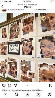 a bunch of pictures on a wall with some people's faces cut out in them