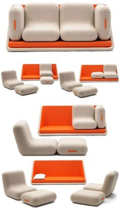 an orange and white couch sitting next to each other