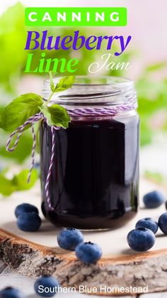 blueberry jam in a mason jar with fresh blueberries around it and the title canning blueberry lime jam