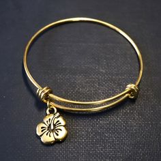 Gold Hibiscus Charm Bracelet, Flower Bracelet, Gold Bangle, Charm Bracelet, Bracelet Gifts, Gifts for Her, Girlfriend Gift, Gold Bracelet Gold Beach Jewelry With Flower Charm, Gold Jewelry With Flower Charm For Beach, Adjustable Flower Bracelets With Lobster Clasp, Adjustable Nickel-free Flower-shaped Jewelry, Adjustable Hypoallergenic Flower-shaped Jewelry, Flower Charm Bracelet Jewelry For Friendship, Flower Charm Bracelet For Friendship, Friendship Bracelet With Flower Charm, Hypoallergenic Adjustable Flower-shaped Jewelry