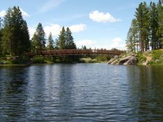 a bridge that is over some water in the middle of a lake with trees on both sides