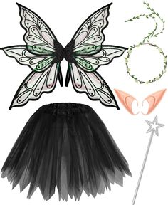 a butterfly costume is shown with accessories including a tutu skirt, headband and nose ring