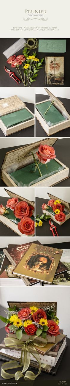 an image of a bunch of books with flowers on them and some pictures in the background