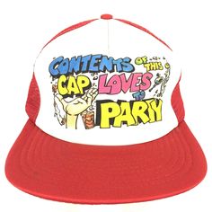 Vintage 70's 80's Contents Of This Cap Loves To Party Spell Out Script Logo Mesh Foam Snap Back Trucker Baseball Dad Hat BUY IT NOW! Please feel free to ask any questions you have about this item, I am here to make sure you are happy with your purchase. #HAT73 Cap Reference, Mens Accessories Vintage, Streetwear Logo, Logo Baseball, Frat Boy, Sun Cap, Mesh Cap, Script Logo, Vintage Baseball