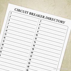 the printable circuit breaker directory is on top of a piece of paper with numbers