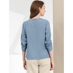 A comfy solid-color shirt is updated with perfectly pleated 3/4 sleeves for understated charm. Made of soft Chiffon fabric, this button-closure blouse with keyhole back detailing is designed for easy-to-wear, and ensures you stay comfy all day long. Styled with a simple round neck with a keyhole along with delicate pleated details on the 3/4 sleeves, it brings elegant impact to your basic wardrobe. Solid Color Half Sleeve Office Top, Office Half-sleeve Solid Color Tops, Office Half Sleeve Tops, Spring Pleated Sleeve Solid Top, Blue Pleated Sleeve Tops For Work, 3/4 Sleeve Relaxed Fit Blouse For Work, Relaxed Fit Blouse For Workwear With 3/4 Sleeve, Solid Relaxed Fit Blouse For Office, Relaxed Fit 3/4 Sleeve Blouse For Work