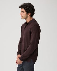 This long sleeve sweater polo is crafted from a fine merino wool with a super soft hand-feel. In a dark two tone brownish burgundy shade with stitch detailing on the collar, seams, and hem, the Finsbury Sweater Polo can be paired with any shade of denim or trousers for a comfortable, polished look. | Finsbury Sweater Polo - Heathered Bordeaux | Size Medium Sweater Polo, Soft Hands, Soft Hand, Polished Look, Sleeve Sweater, Long Sleeve Sweater, Merino Wool, Two Tone, Trousers