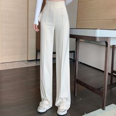 Beige High Waist Loose Wide Leg Pants Elegant Solid Beige Pants, Elegant Solid Color Beige Pants, Elegant Beige Solid Color Pants, Elegant Non-stretch Solid Color Wide Leg Pants, Fitted Wide Leg Pants In Solid Color, Elegant Wide Leg Bottoms In Solid Color, Fitted Ankle-length Wide Leg Pants In Solid Color, Elegant Non-stretch High Waist Wide Leg Pants, Non-stretch Office Pants