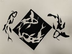 two birds are sitting on top of a black and white square with an upside down design