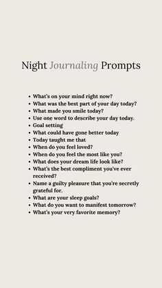 a white poster with the words night journaling prompts on it and an image of a