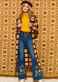 This long cardigan is handmade by 100% cotton and can be made in different themes of colors of your choice. Every cardigan is unique. Long Sweaters Cardigan Retro, Granny Square Cardigan Coats & Jackets, The Hippie Shake, 70s Look, 70s Inspired Fashion, Brown Floral Print, Maxi Cardigan, Gilet Long, Slow Fashion Brands