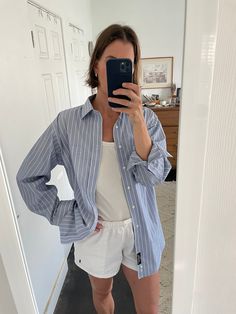 Classic, oversized blue and white button up shirt. Great for all occasions this summer. So cute! Blue Button Up Shirt, White Button Up, White Button Down Shirt, White Button Down, Hair Clothes, Boyfriend Fit, Shirt Outfit, Button Up Shirts, Button Up