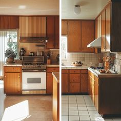 two pictures of a kitchen with wood cabinets and tile flooring, one has a stove top oven and the other is a dishwasher