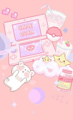 an image of some game over items on a pink background with pastel colors and stars