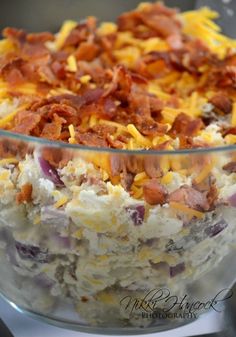 four pictures show different types of baked potato salad in glass bowls with bacon and cheese on top