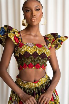 BELLO African Print Ruffle Sleeve Crop Top Kitenge Crop Top African Style, Top African Style, African Print Crop Top, Crop Top Layering, Hi Low Skirts, Dinner Dress Classy, African Inspired Clothing, Mode Crochet, African Clothes