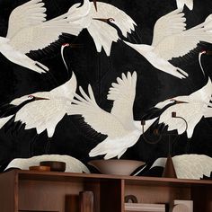 the wallpaper is decorated with white birds and black background