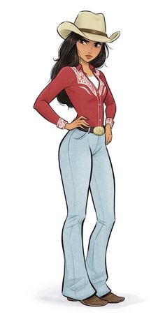 a drawing of a woman wearing jeans and a cowboy hat with her hands on her hips