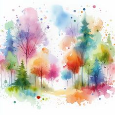 watercolor painting of colorful trees on white background